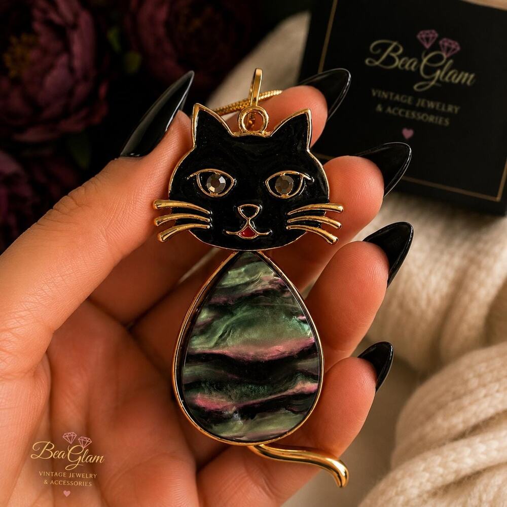 Natasha Couture Black Cat Pendant Necklace: Iridescent Shell Body, Mobile Tail